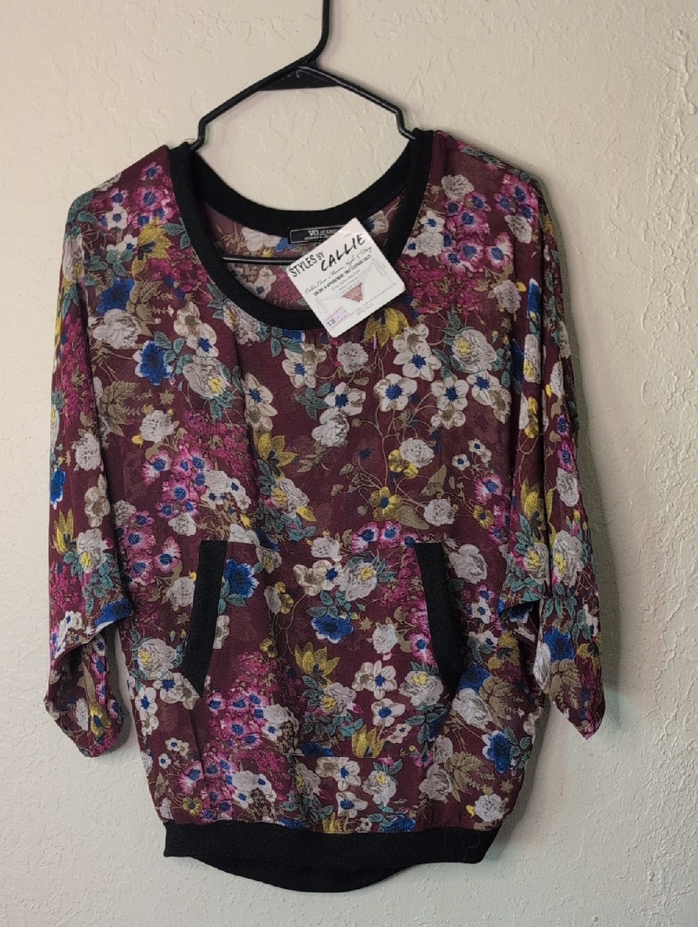 Floral Dolman Sleeve Sheer Top in Burgundy And Black Band Kangaroo Pocket NWT*s